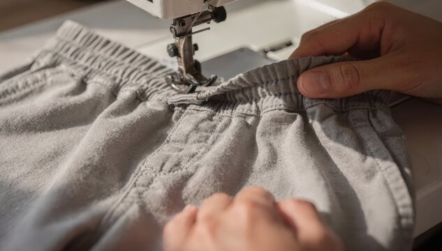 Close medium shot of elastic waistband being sewn onto casual shorts showcasing careful stitching technique and fabric movement with natural lighting.