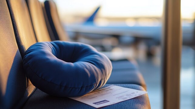 A blue travel pillow and ticket rest on airport seating, with a blurred plane in the background