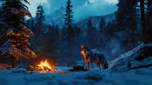 Wintery scene with a wolf, campfire, snow-covered ground, and mountain backdrop