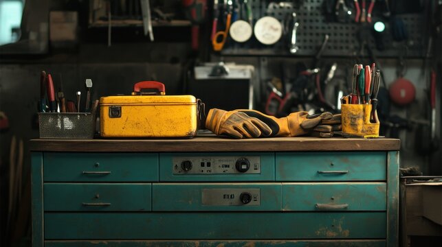 A workbench cluttered with tools, toolbox, and gloves in a dimly lit, organized workshop