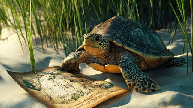 A detailed image of a sea turtle on a sandy beach, studying a vintage treasure map
