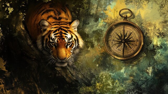 A tiger peers from a tree, with a compass next to it, set in a forest scene