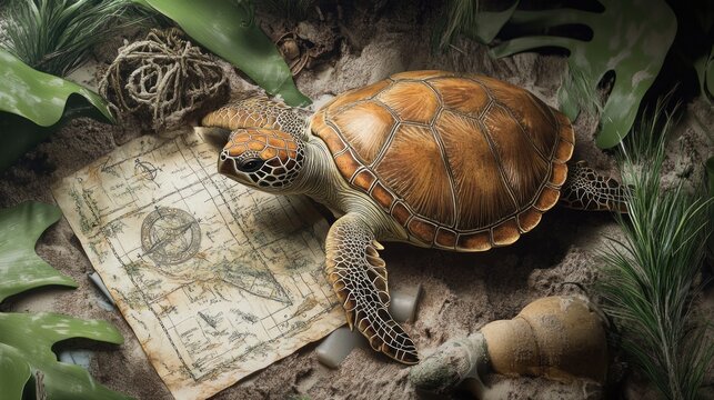 A sea turtle rests on sand, surrounded by leaves, a map, and a weathered gourd