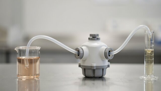 Laboratory filtration device connects a glass beaker to a graduated cylinder using clear plastic tubing for liquid transfer.
