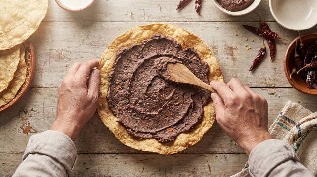 Overhead shot of hands spreading refried beans on a large tortilla, preparing a traditional Mexican tlayuda on a rustic wooden table.