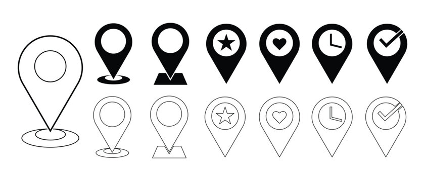 Collection of location pin icons with various designs and symbols for navigation applications