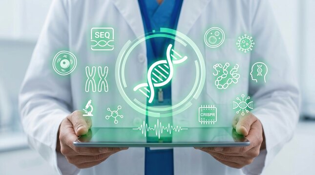 dna genetic engineering crispr biotechnology scientist technology medicine researcher holding digital tablet with glowing holographic icons representing advanced genome research.