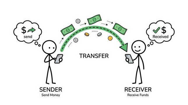 Digital money transfer concept with stick figures, mobile payment transaction between sender and receiver, online banking and financial remittance