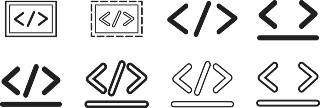 Icon set of programming symbols featuring brackets, braces and parentheses with angle signs or vertical bars for custom coding syntax designs for web software engineering and application development, 