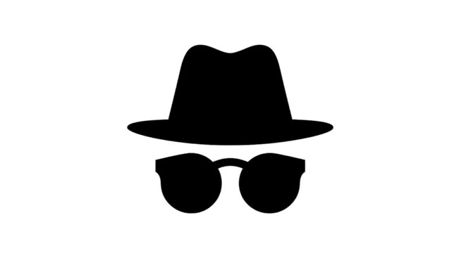 Minimal black silhouette icon, simple flat vector, bold black shape, no, no shading silhouette of a fedora hat and sunglasses on a, flat icon style