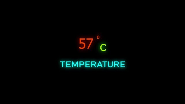 57 Degrees Celsius Temperature Animation. on a black background. and creating a stunning 4k video.