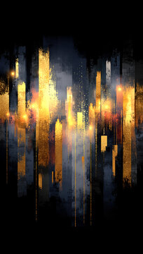 Abstract glowing gold and dark blue vertical brushstrokes background