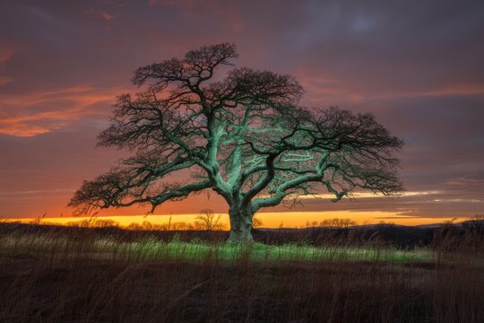 A majestic old oak tree stands silhouetted against a vibrant sunset sky