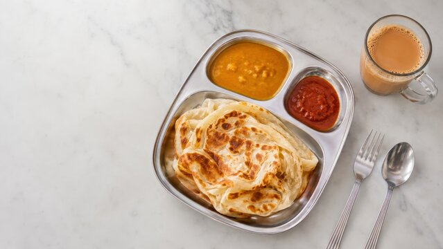 Flat lay view of Malaysia flaky delicious roti canai served on stainless steel plate with dhal curry and sambal, hot drink teh tarik on marble table.