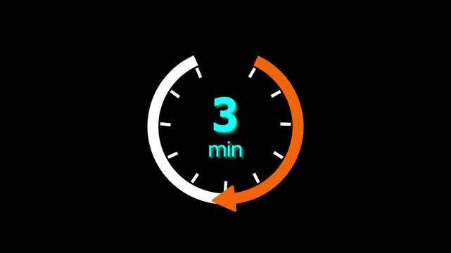 3 Min clock icon animation. 3 minute animation on black background and creating a stunning 4k video.