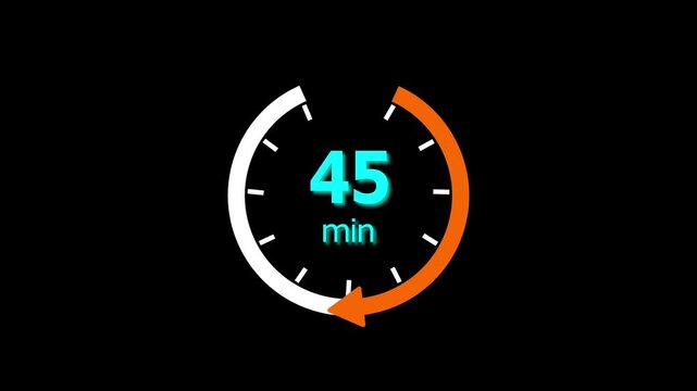45 Min clock icon animation. 45 minute animation on black background and creating a stunning 4k video.