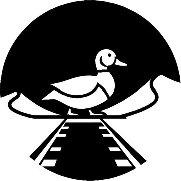 Duck silhouette crossing road under dark sky.