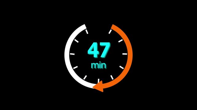 47 Min clock icon animation. 47 minute animation on black background and creating a stunning 4k video.