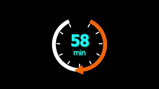 58 Min clock icon animation. 58 minute animation on black background and creating a stunning 4k video.