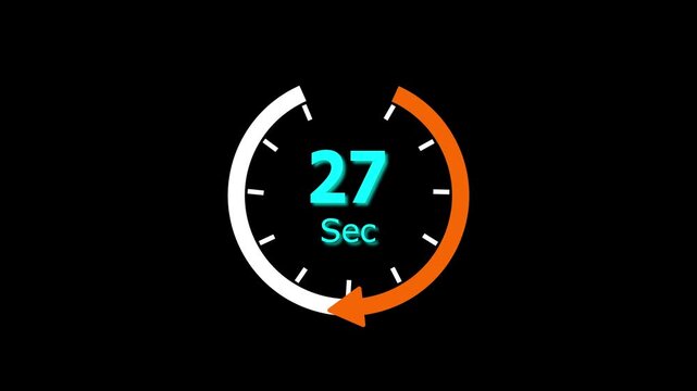 Abstract clock icon animation. arrow Clock 27-Seconds icon Digital and analog clock 27 seconds isolated on black background. and creating a stunning video.4k video