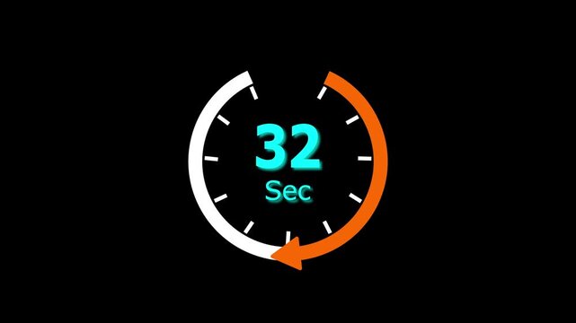 Abstract clock icon animation. arrow Clock 32-Seconds icon Digital and analog clock 32 seconds isolated on black background. and creating a stunning video.4k video
