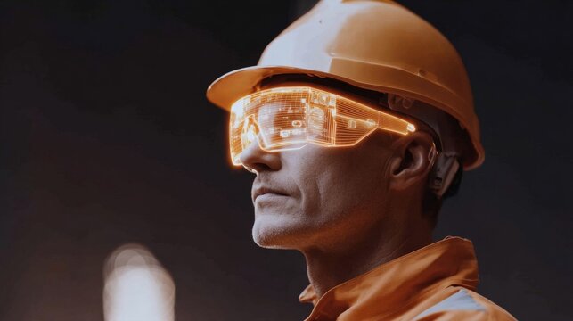 Portrait of an industrial worker wearing a hard hat and illuminated smart safety glasses, showcasing futuristic augmented reality technology 