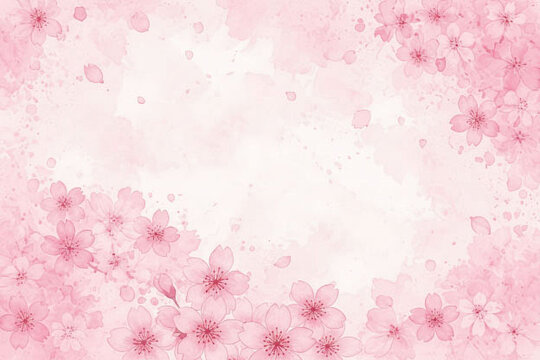 桜の花と水彩の春背景　Cherry Blossom Watercolor Spring Background　和風桜デザインのコピースペース背景　Sakura Flower Border with Copy Space　桜フレームの淡いピンク背景素材　Pink Sakura Floral Frame Background