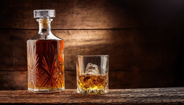 Bottle And Glass Of Whiskey On A Wooden Background Made With Vintage Tones