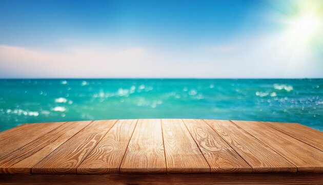 Wood Table Top On Blur Sparkling Sea Water And Summer Sky Background