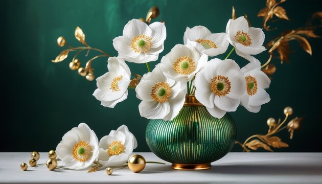 White Anemone Flowers With Malachite Vase And Golden Accents Still Life