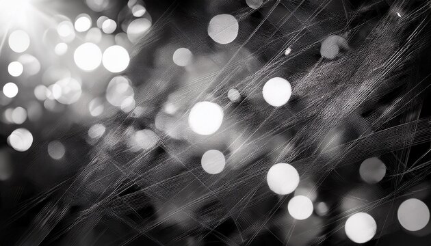 Abstract Black And White Background With Glowing Bokeh Light Circles And Scratches