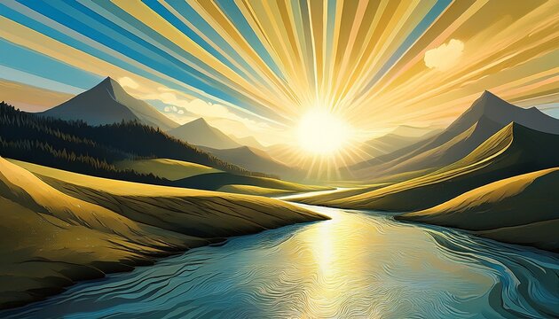 Abstract Artistic Illustration Sunburst Light Shine Upon River And Hill Generative Ai