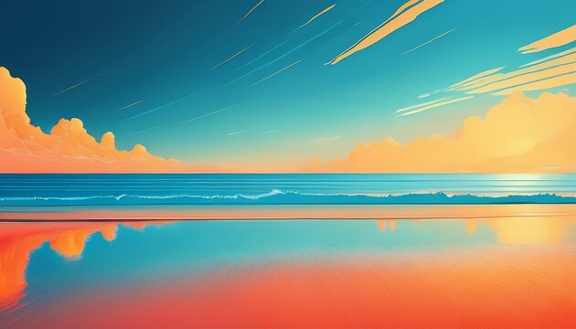 Vibrant Ocean Horizon Serene Beach Scene With Reflections And Minimalist Aesthetic
