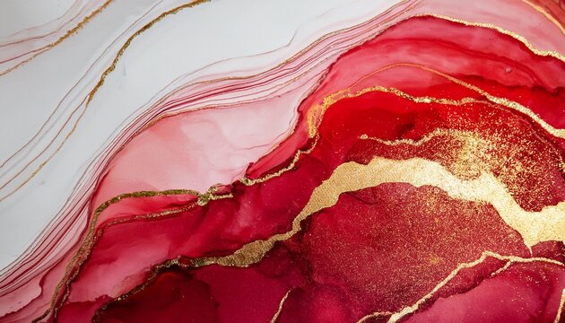 Lotus Marble Texture With Abstract Red White Glitter And Gold Background Alcohol Ink Colors
