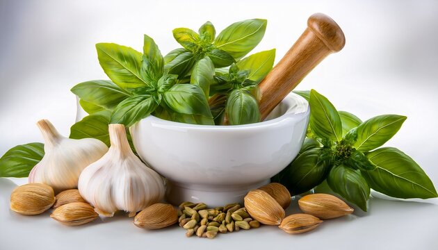 Fresh Basil Leaves In A White Mortar With A Pestle Pine Nuts And Garlic Cloves Isolated On Transparent Background