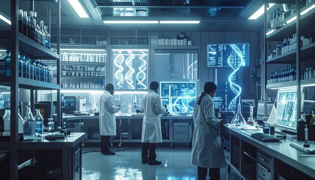 Biotech Researchers Analyze DNA Data in Futuristic Laboratory