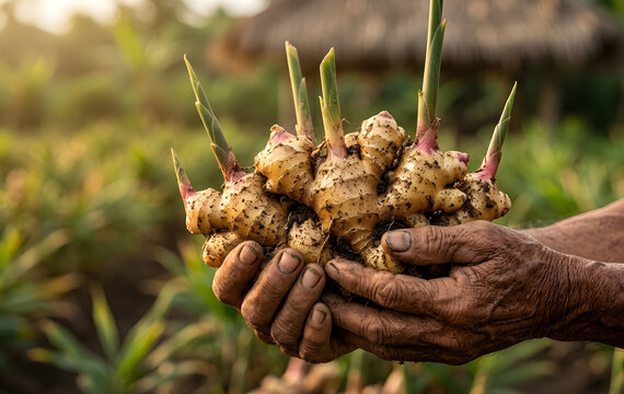 Senior farmer showing freshly harvested ginger root