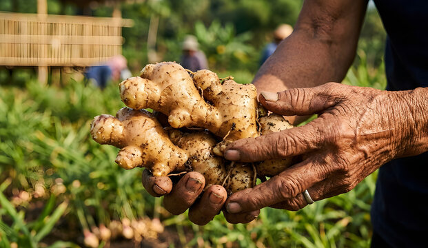 Farmer holding fresh ginger root harvest in farm field