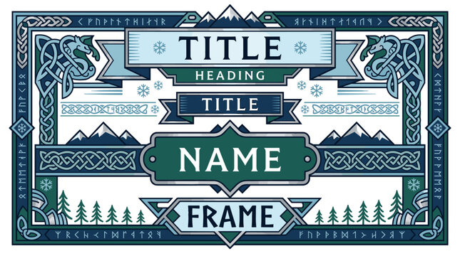 Norse Viking Winter Themed Decorative Frame Elements with Dragons Mountains and Runes