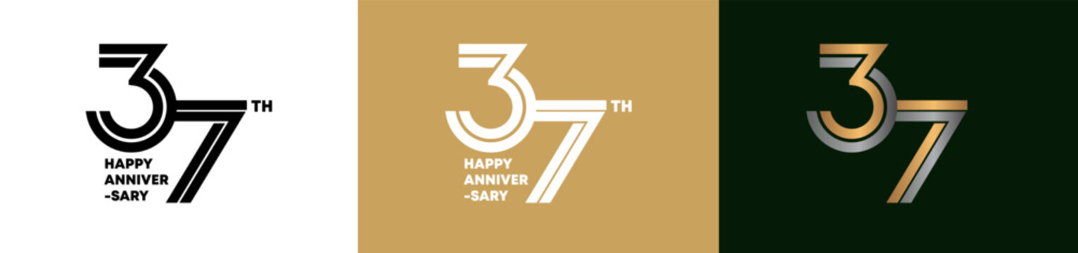 37th Anniversary logo style double line number. gold and silver color on white, green and yellow background for celebration event.