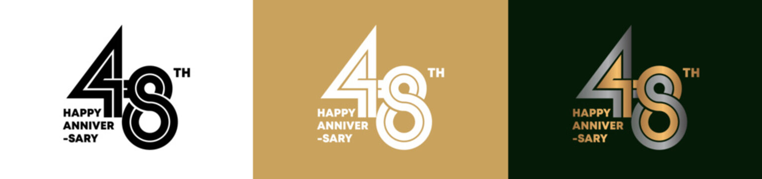 48th Anniversary logo style double line number. gold and silver color on white, green and yellow background for celebration event.