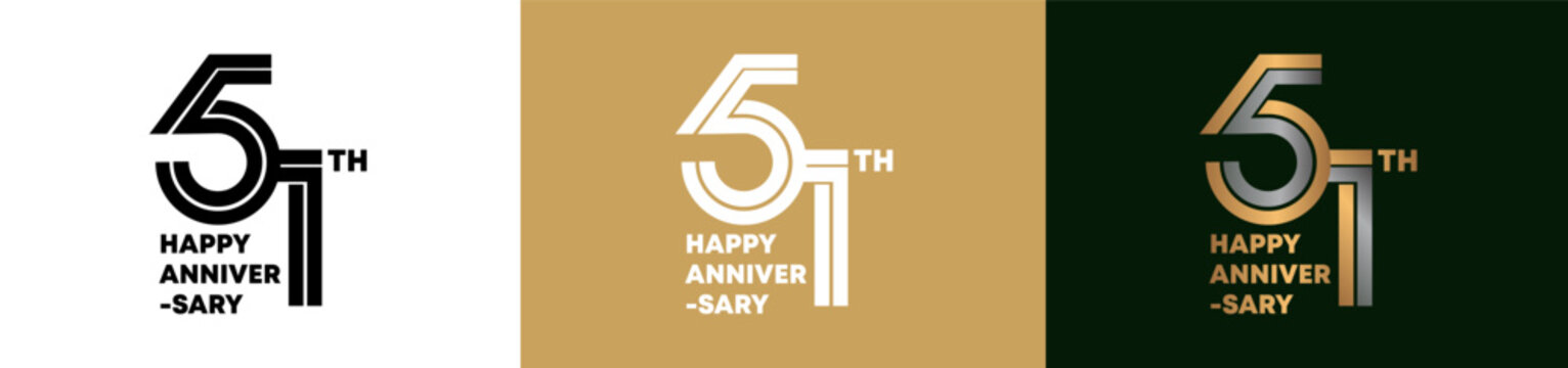 51st Anniversary logo style double line number. gold and silver color on white, green and yellow background for celebration event.