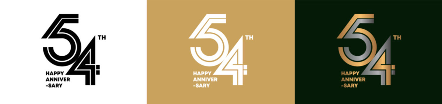 54th Anniversary logo style double line number. gold and silver color on white, green and yellow background for celebration event.