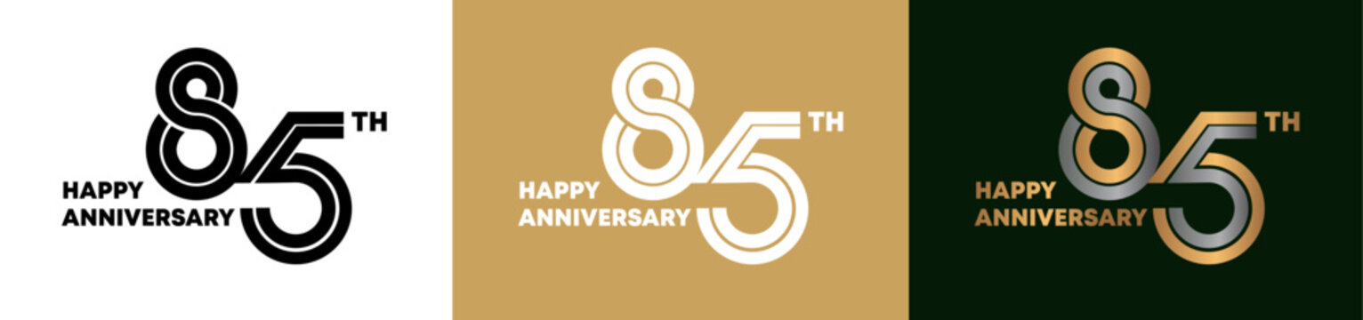 85th Anniversary logo style double line number. gold and silver color on white, green and yellow background for celebration event.