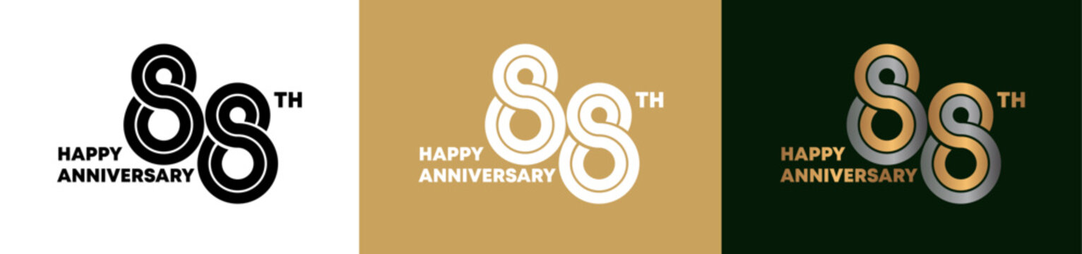 88th Anniversary logo style double line number. gold and silver color on white, green and yellow background for celebration event.