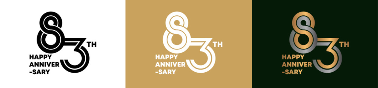 83rd Anniversary logo style double line number. gold and silver color on white, green and yellow background for celebration event.