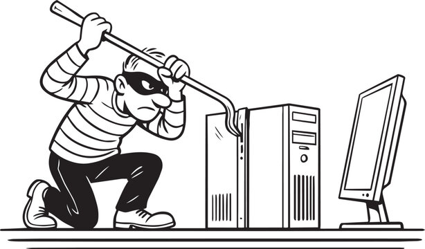 A burglar breaking into a computer system with a crowbar