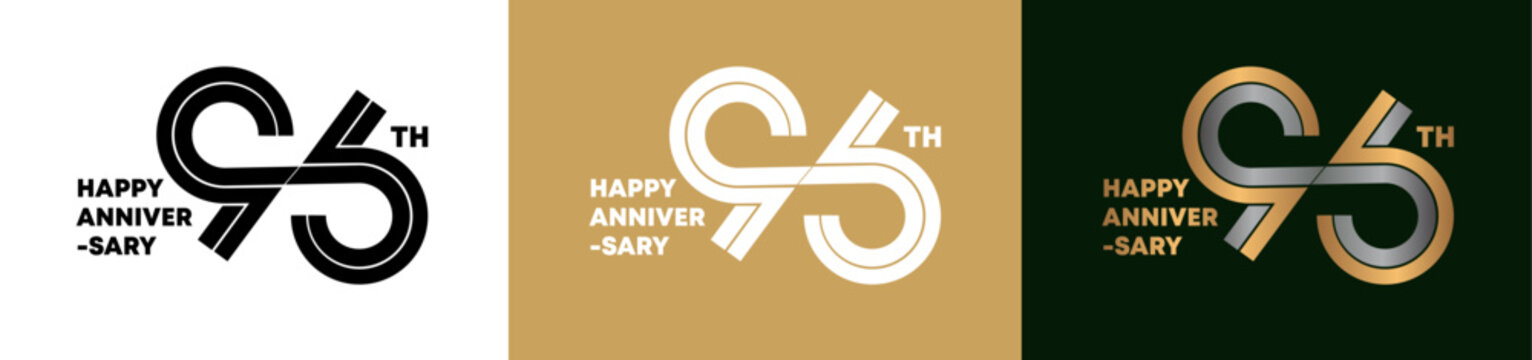 96th Anniversary logo style double line number. gold and silver color on white, green and yellow background for celebration event.