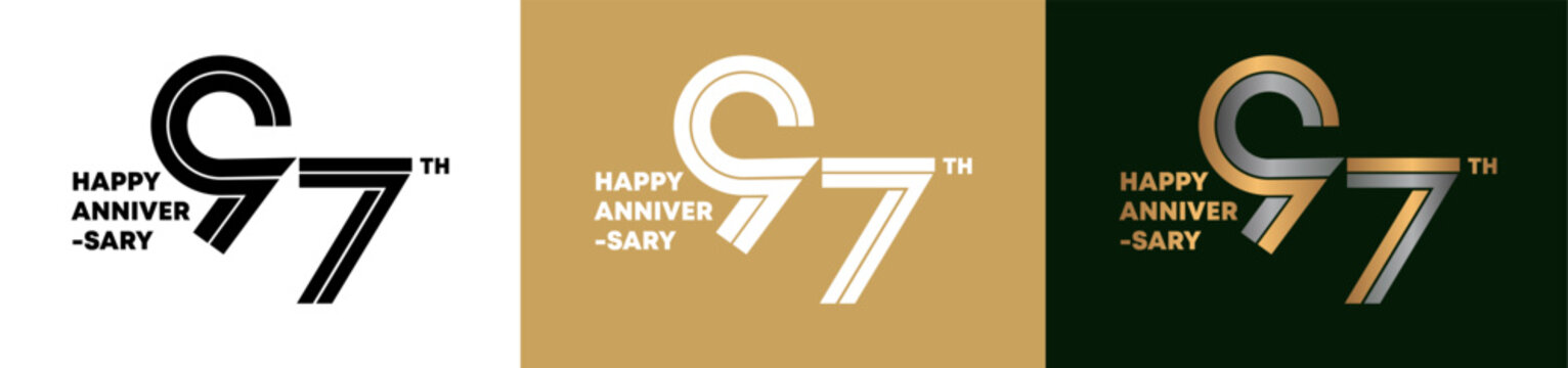 97th Anniversary logo style double line number. gold and silver color on white, green and yellow background for celebration event.