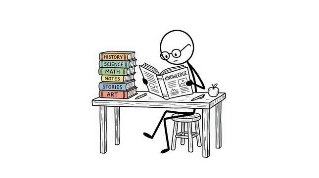 Stick Figure Man Reading Knowledge Book at Desk with Stack of Books, Isolated on White Cartoon Illustration